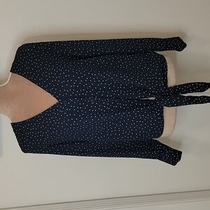 PopSugar Size S Navy Blue Button Down Blouse White & Red Polka Dots, EUC